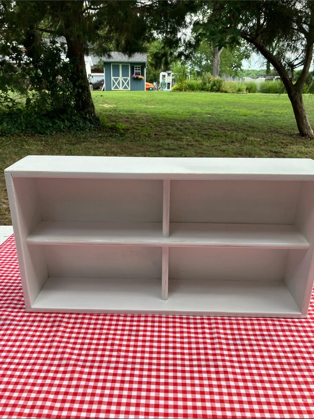 White Wood Wall /Tabletop Display Shelf. Has 4 Compartments